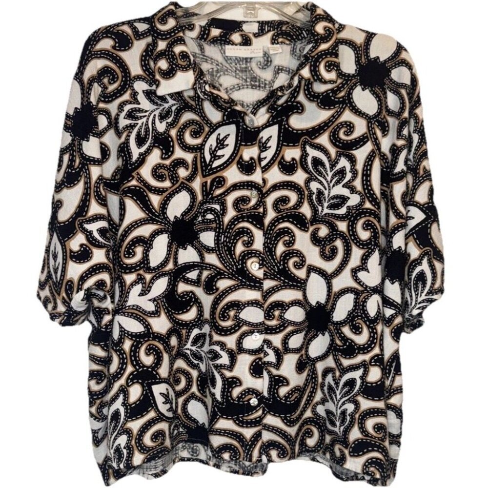 Susan Graver Pure Womens Linen Blend Floral Short Sleeve Button Up Blouse Top XL
